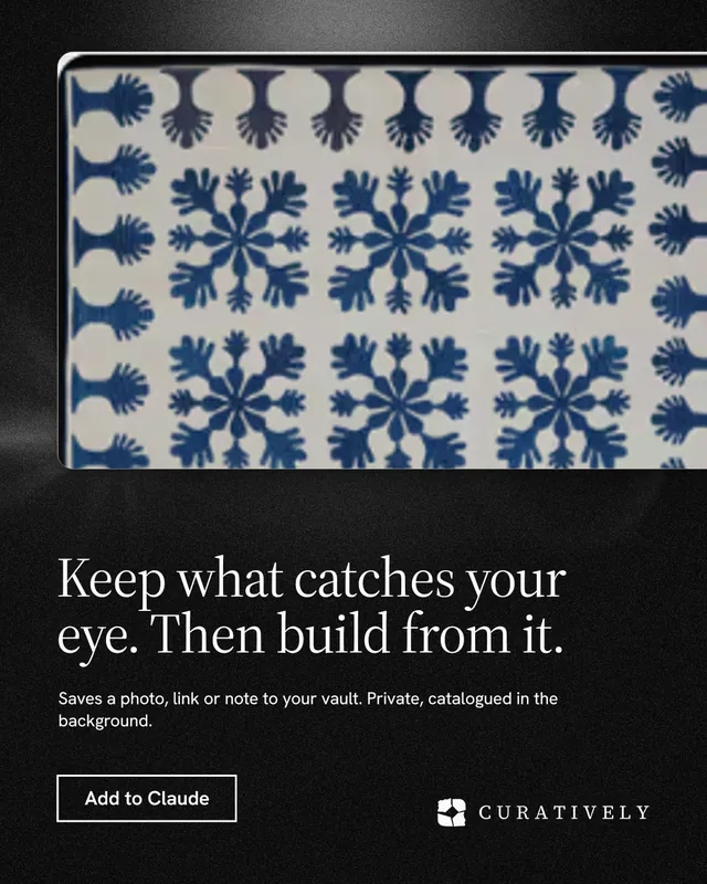 Instagram portrait post for Curatively: "Keep what catches your eye. Then build from it." Dark deco style, bottom layout, dark palette in grey, black.