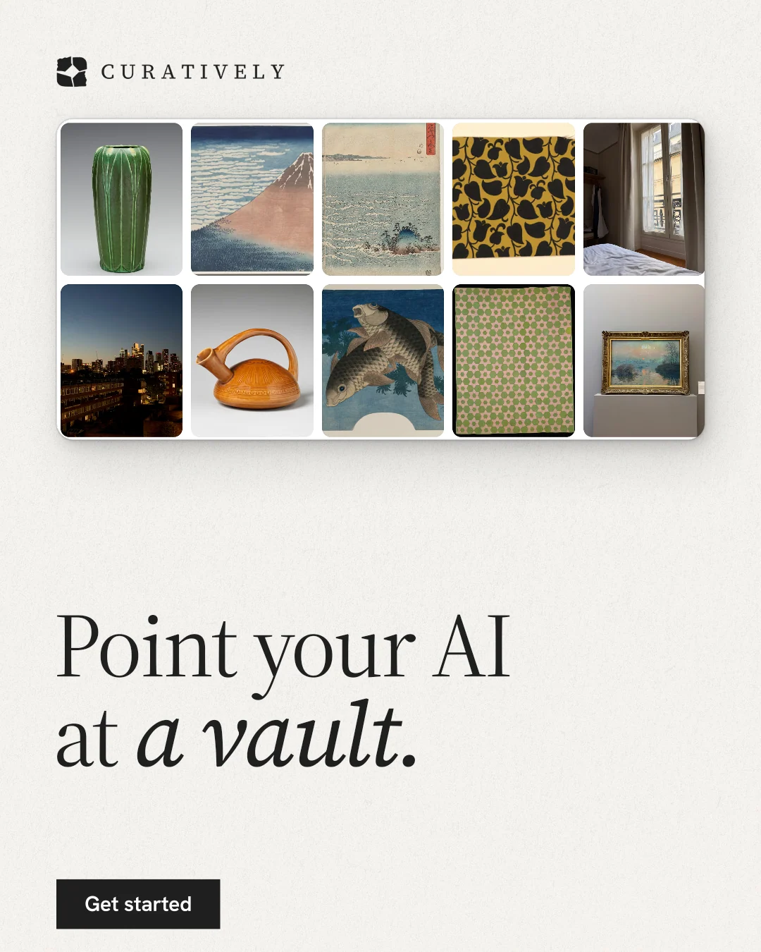 Instagram portrait post for Curatively: "Point your AI at a vault." Swiss style, bottom layout, light palette in white, grey.