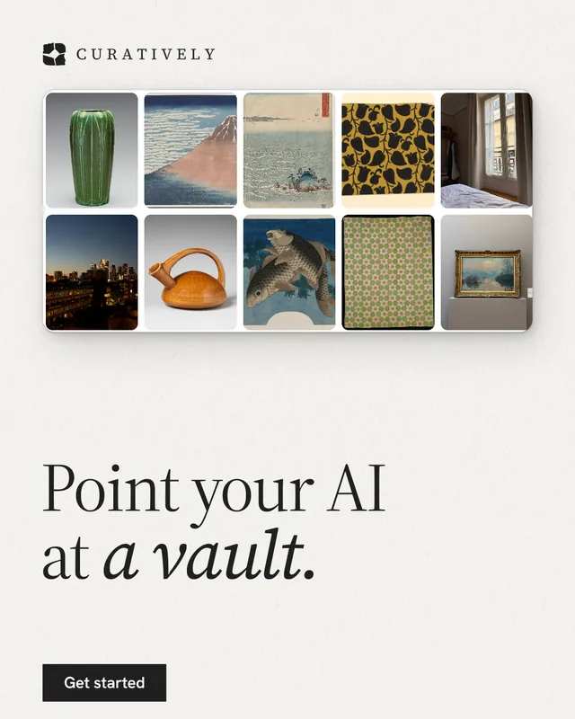 Instagram portrait post for Curatively: "Point your AI at a vault." Swiss style, bottom layout, light palette in white, grey.
