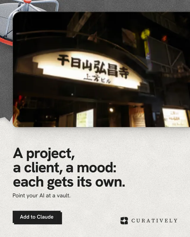 Instagram portrait post for Curatively: "A project, a client, a mood: each gets its own." Paper trio style, bottom layout, light palette in black, white, grey.