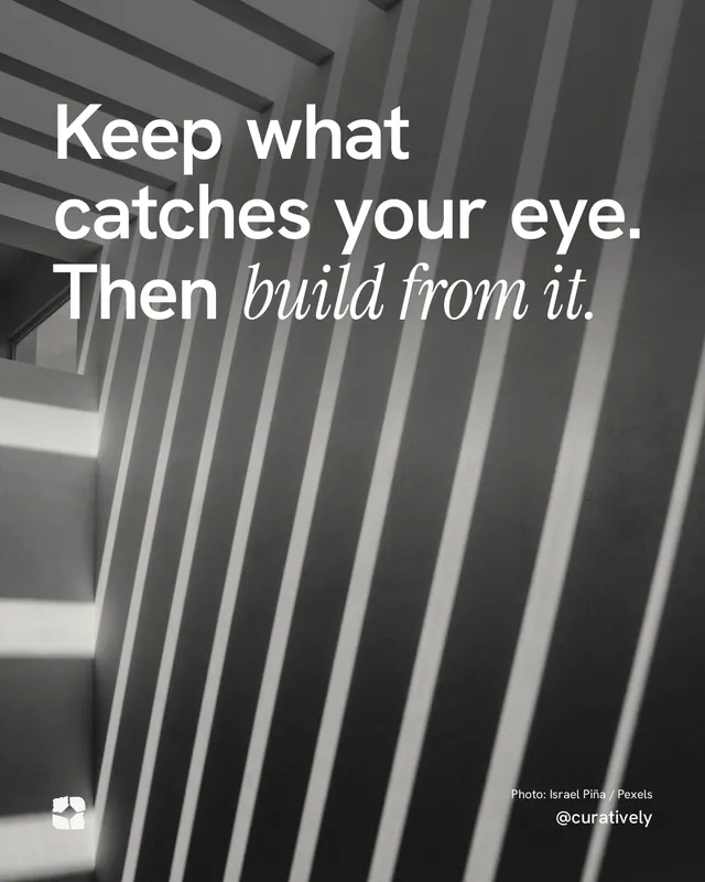 Instagram portrait post for Curatively: "Keep what catches your eye. Then build from it." Duotone style, technique:pexels ingredient layout, dark palette in grey, black.