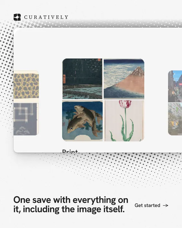 Instagram portrait post for Curatively: "One save with everything on it, including the image itself." Swiss style, image led layout, light palette in white, grey.