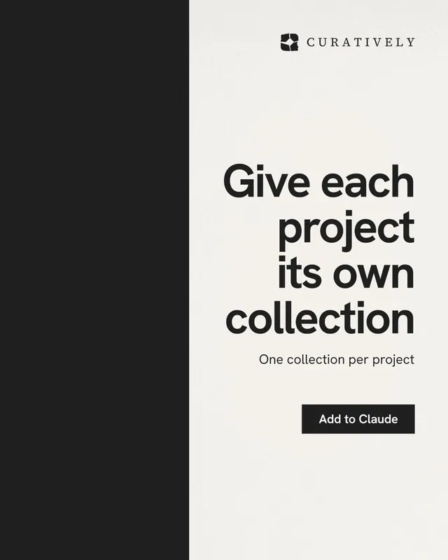 Instagram portrait post for Curatively: "Give each project its own collection". Swiss style, right layout, light palette in black, white, grey.