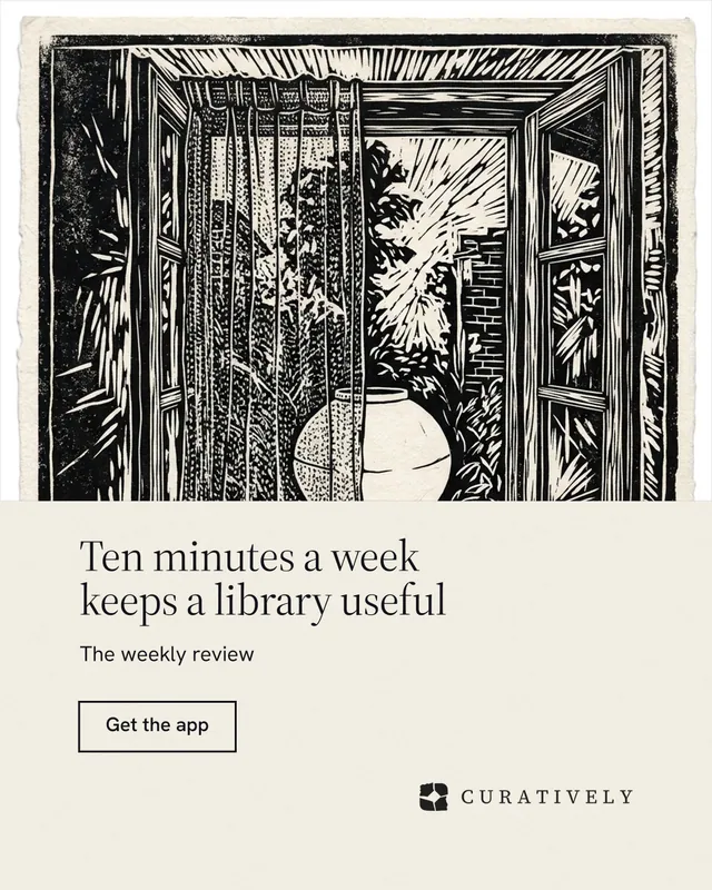 Instagram portrait post for Curatively: "Ten minutes a week keeps a library useful". Editorial style, bottom layout, light palette in yellow, black, grey.