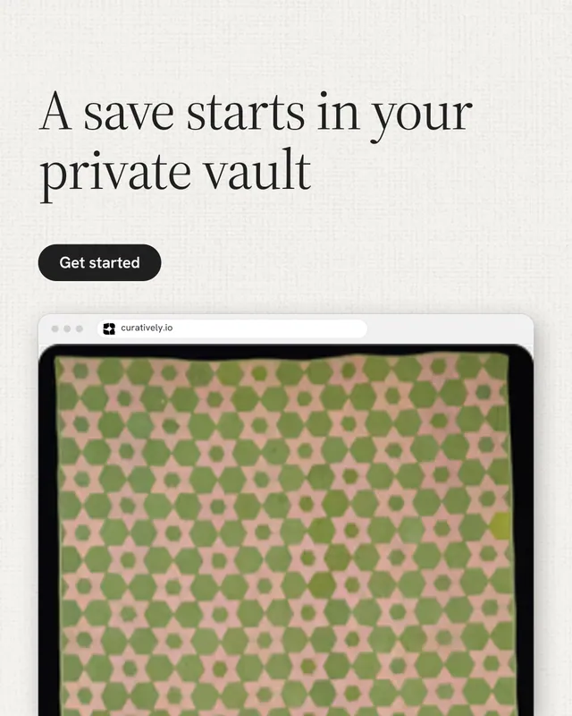 Instagram portrait post for Curatively: "A save starts in your private vault". Data card style, browser layout, light palette in orange, white, yellow.