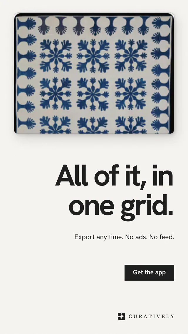 Instagram story for Curatively: "All of it, in one grid." Swiss style, right layout, light palette in white, grey.