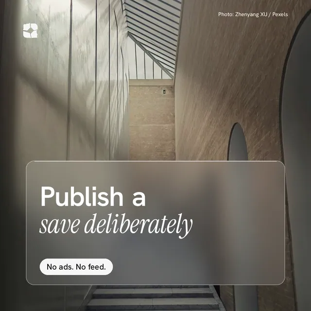 Instagram post for Curatively: "Publish a save deliberately". Glass style, technique:pexels ingredient layout, dark palette in grey, black.
