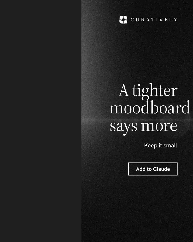 Instagram portrait post for Curatively: "A tighter moodboard says more". Dark deco style, right layout, dark palette in black, grey.