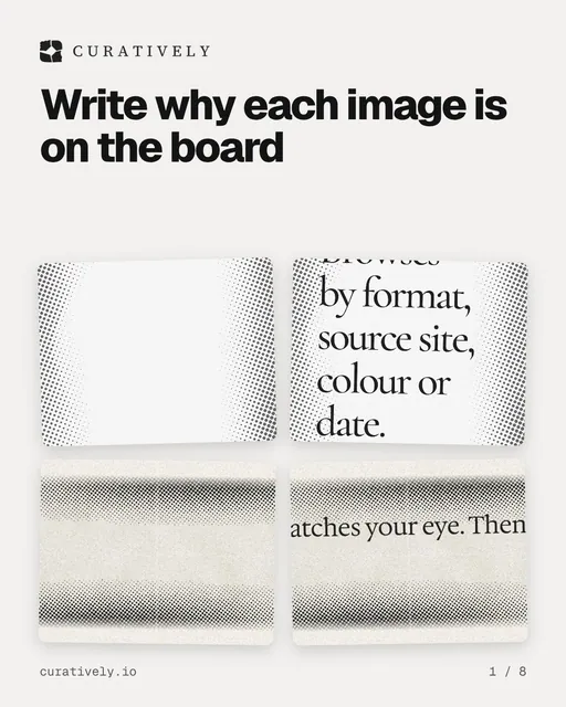 Carousel for Curatively: "Write why each image is on the board". Collection carousel, 8 slides, light palette.
