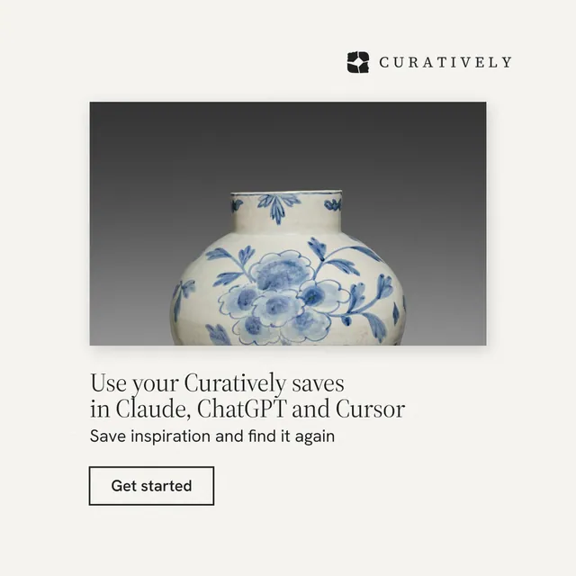 Instagram post for Curatively: "Use your Curatively saves in Claude, ChatGPT and Cursor". Editorial style, bottom layout, light palette in white, grey.