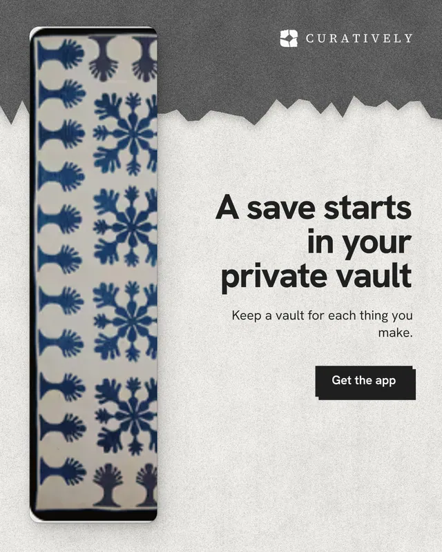 Instagram portrait post for Curatively: "A save starts in your private vault". Paper trio style, right layout, light palette in grey, white.