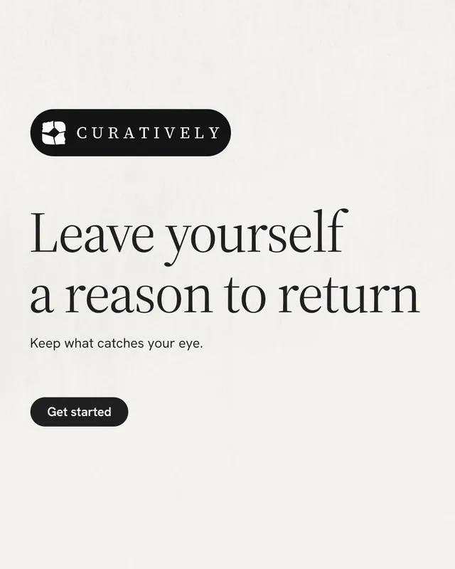 Instagram portrait post for Curatively: "Leave yourself a reason to return". Data card style, announce layout, light palette in white, grey.