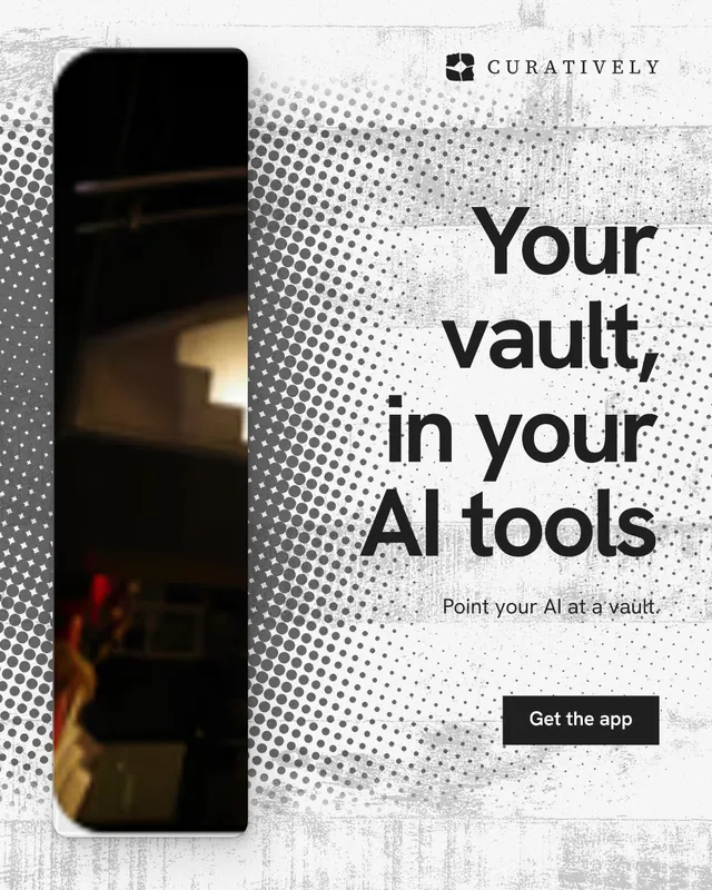 Instagram portrait post for Curatively: "Your vault, in your AI tools". Swiss style, right layout, light palette in black, white, grey.