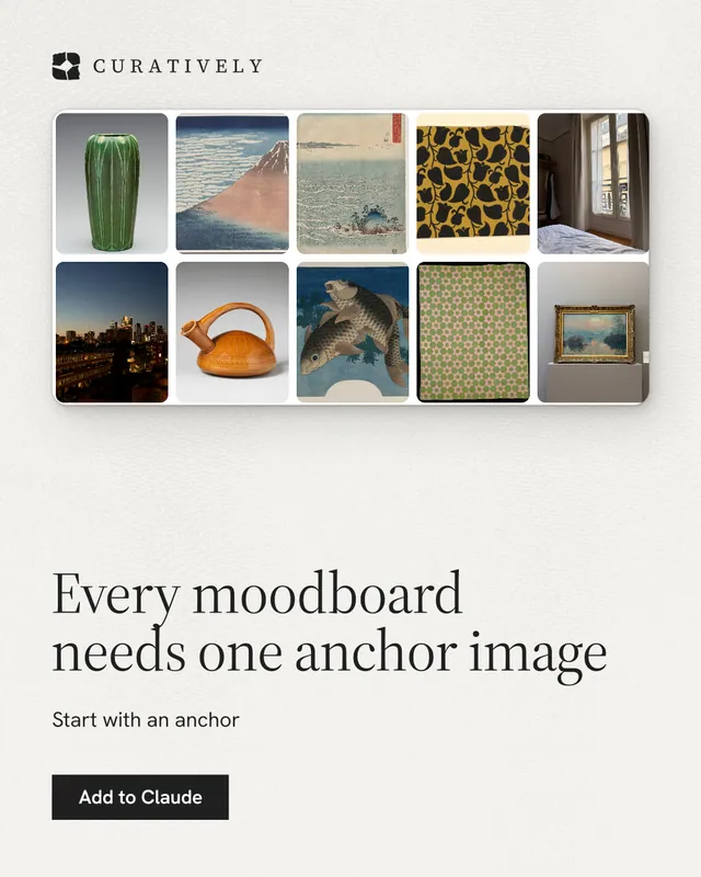 Instagram portrait post for Curatively: "Every moodboard needs one anchor image". Swiss style, bottom layout, light palette in white, grey.