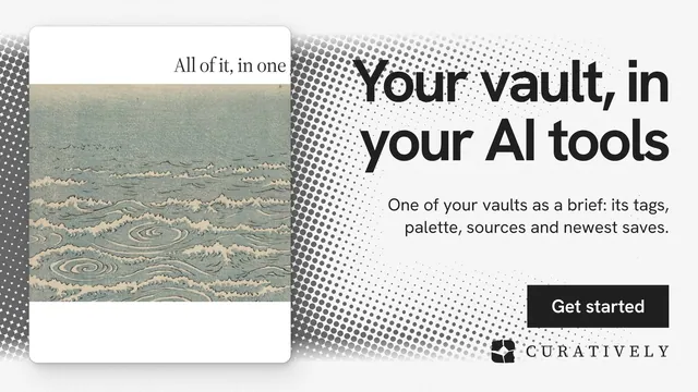 Landscape graphic for Curatively: "Your vault, in your AI tools". Swiss style, right layout, light palette in white, grey.