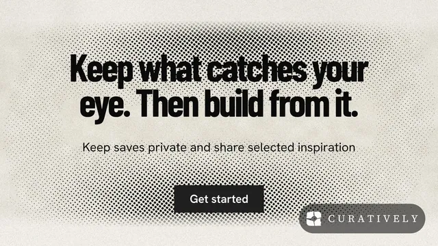 Landscape graphic for Curatively: "Keep what catches your eye. Then build from it." Ink sticker style, centred layout, light palette in white, grey, yellow.