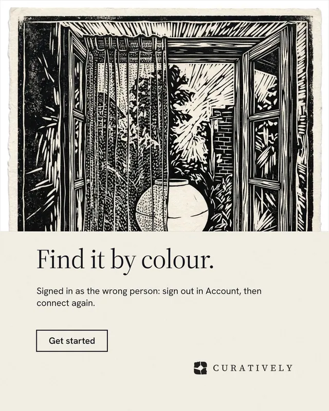 Instagram portrait post for Curatively: "Find it by colour." Editorial style, bottom layout, light palette in yellow, black, grey.