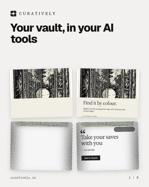 Carousel for Curatively: "Your vault, in your AI tools". Collection carousel, 8 slides, light palette.