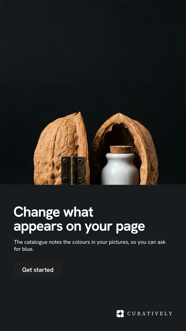 Instagram story for Curatively: "Change what appears on your page". Swiss style, bottom layout, dark palette in black, grey.