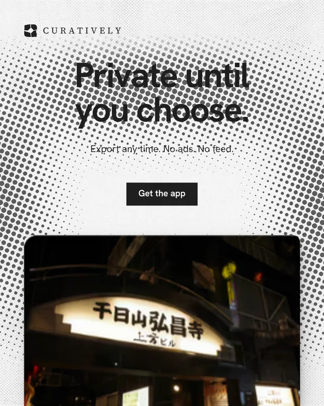 Instagram portrait post for Curatively: "Private until you choose." Swiss style, centred layout, light palette in black, white, grey.