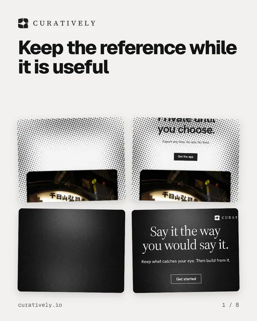 Carousel for Curatively: "Keep the reference while it is useful". Collection carousel, 8 slides, light palette.