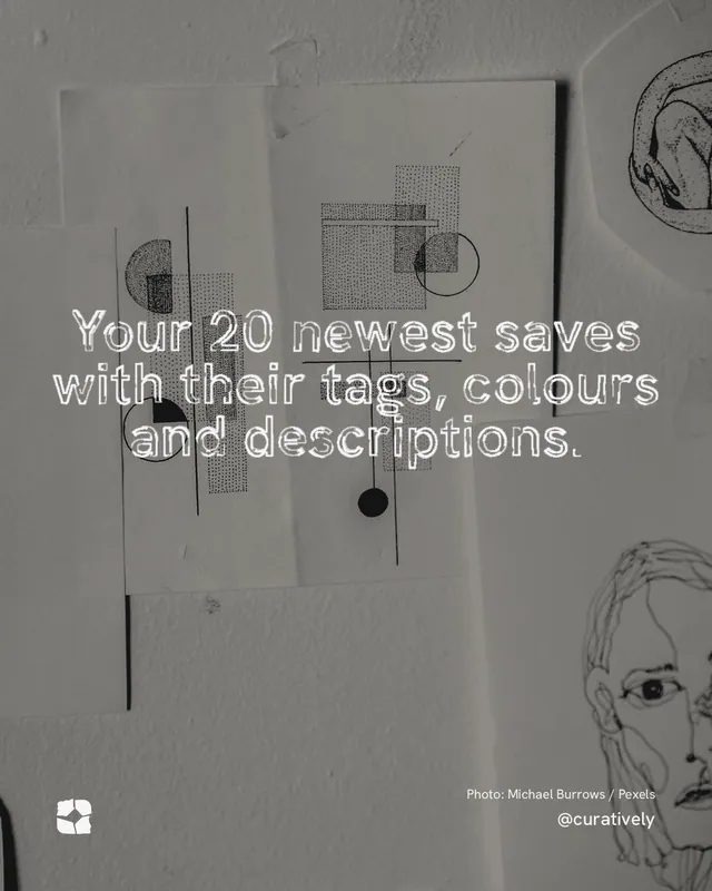 Instagram portrait post for Curatively: "Your 20 newest saves with their tags, colours and descriptions." Scribble style, technique:raster type fx layout, light palette in grey.