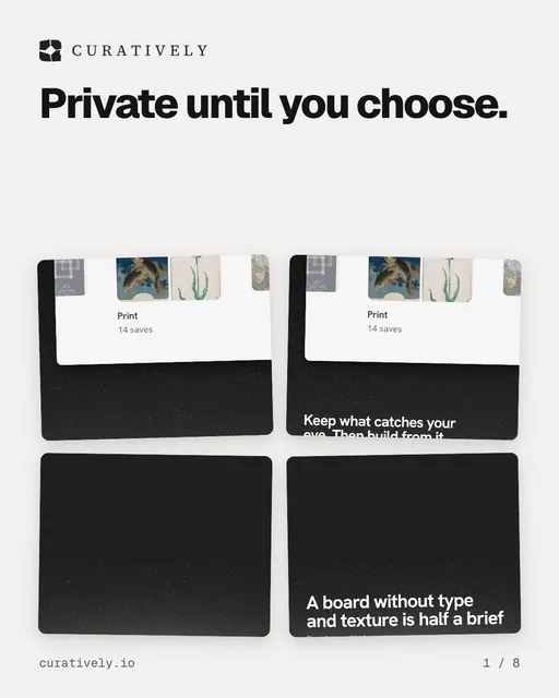 Carousel for Curatively: "Private until you choose.". Collection carousel, 8 slides, light palette.