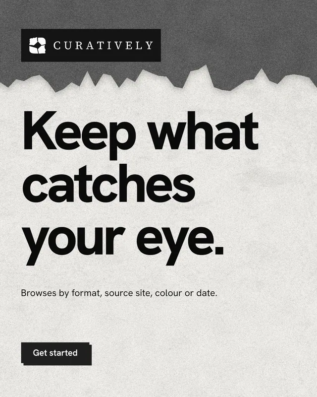 Instagram portrait post for Curatively: "Keep what catches your eye." Paper trio style, announce layout, light palette in white, grey.