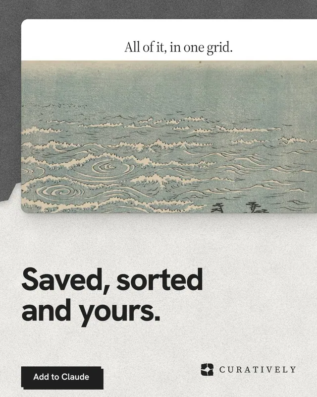 Instagram portrait post for Curatively: "Saved, sorted and yours." Paper trio style, bottom layout, light palette in grey, white.