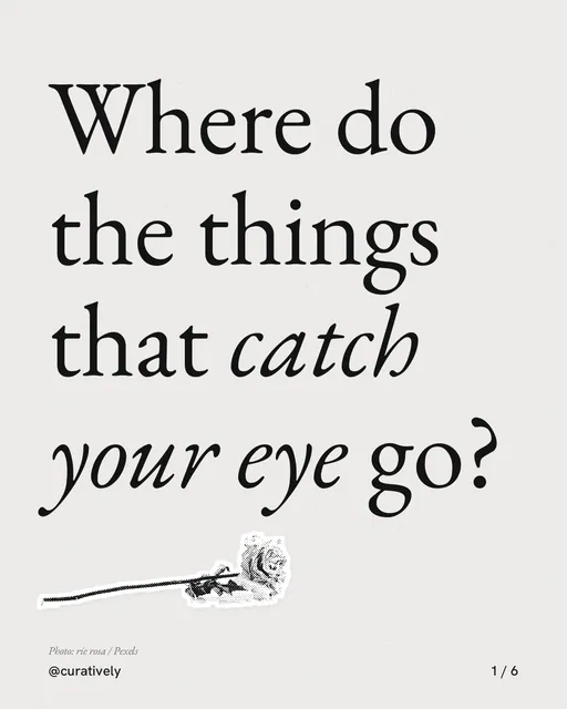 Carousel for Curatively: "Where do the things that catch your eye go?". Cutout essay, 6 slides, light palette.