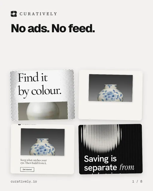 Carousel for Curatively: "No ads. No feed.". Collection carousel, 8 slides, light palette.