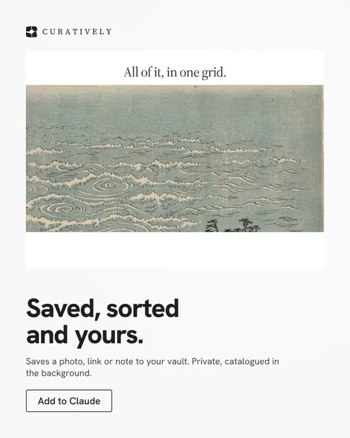 Video for Curatively: "Saved, sorted and yours.". Doc motion loop, 6.0 s, light palette.