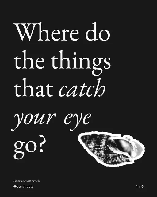 Carousel for Curatively: "Where do the things that catch your eye go?". Cutout essay, 6 slides, dark palette.