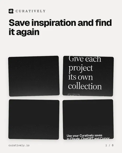Carousel for Curatively: "Save inspiration and find it again". Collection carousel, 8 slides, light palette.