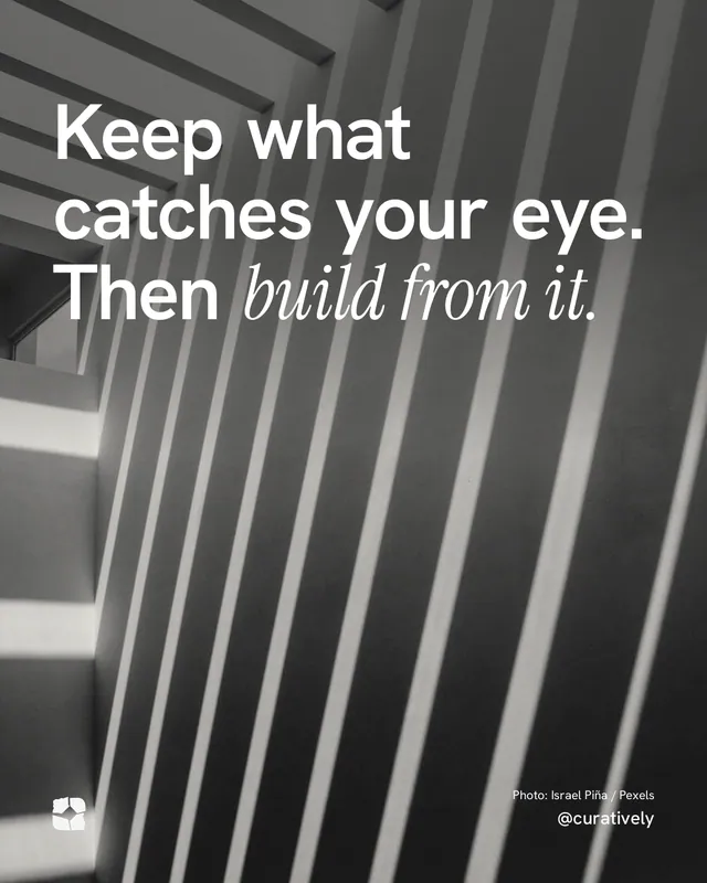 Instagram portrait post for Curatively: "Keep what catches your eye. Then build from it." Duotone style, technique:pexels ingredient layout, dark palette in grey, black.