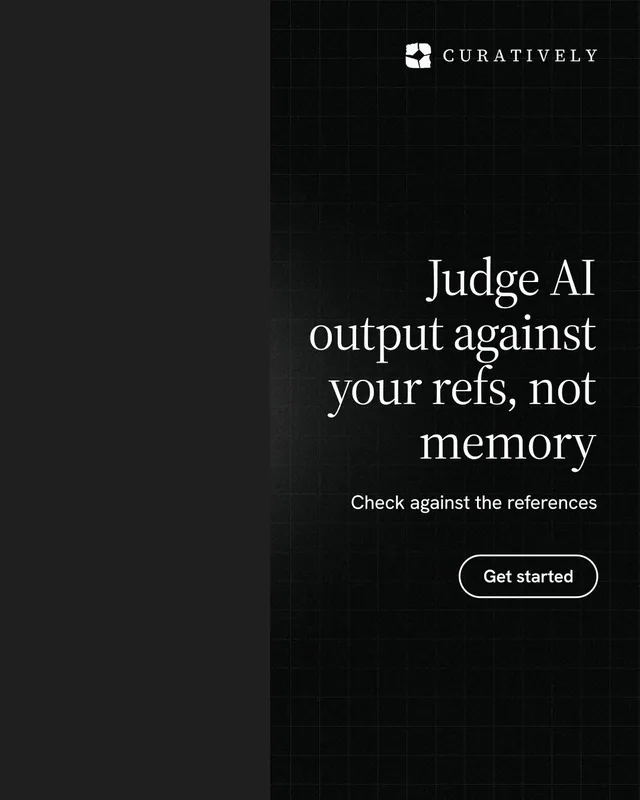 Instagram portrait post for Curatively: "Judge AI output against your refs, not memory". Phosphor atlas style, right layout, dark palette in black.
