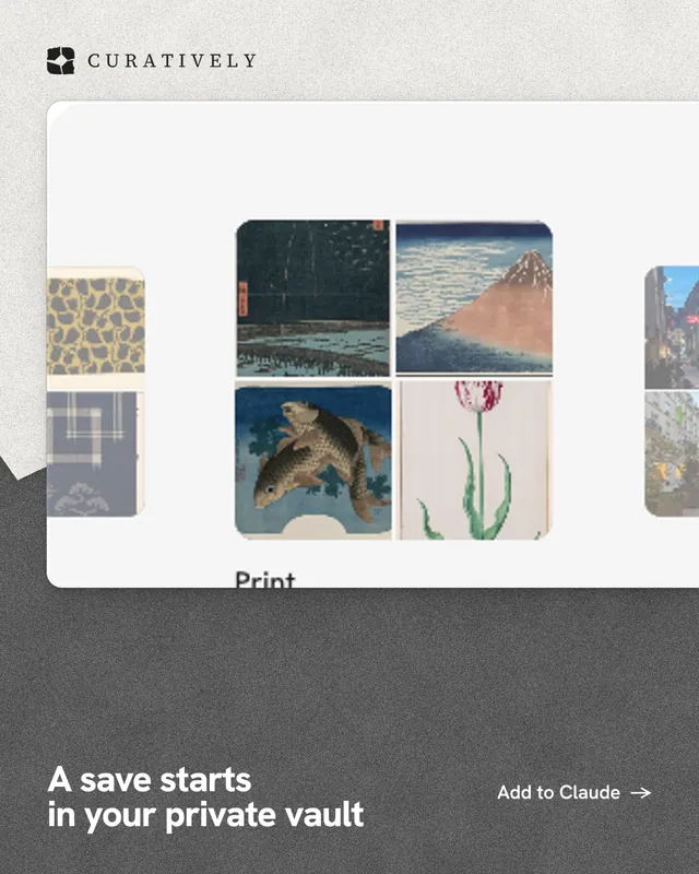 Instagram portrait post for Curatively: "A save starts in your private vault". Paper trio style, image led layout, light palette in white, grey.