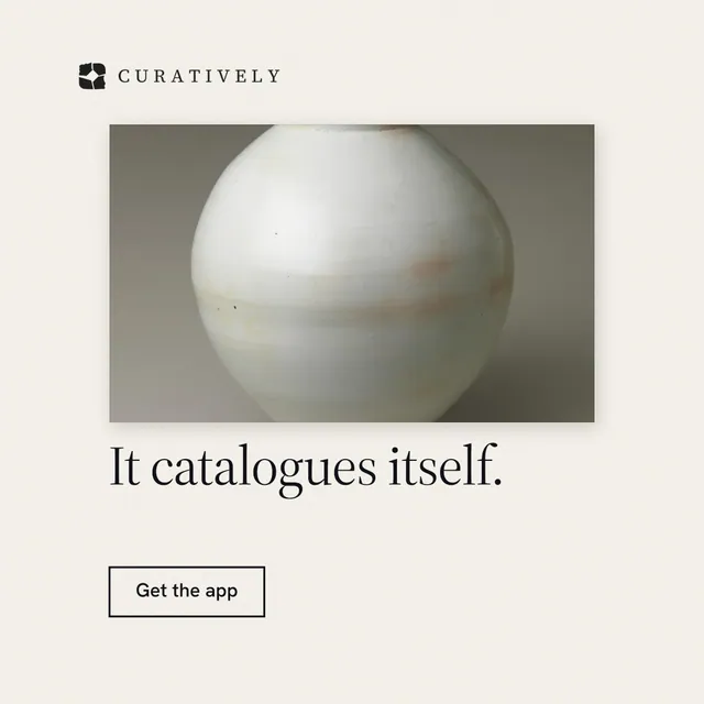 Instagram post for Curatively: "It catalogues itself." Editorial style, bottom layout, light palette in white, grey.