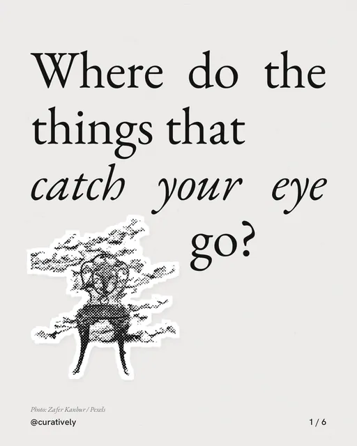 Carousel for Curatively: "Where do the things that catch your eye go?". Cutout essay, 6 slides, light palette.