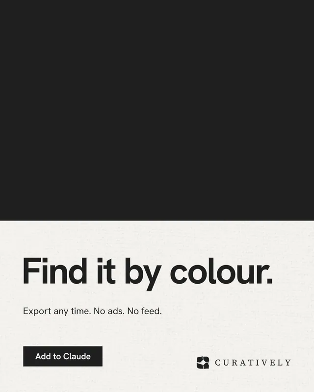 Instagram portrait post for Curatively: "Find it by colour." Swiss style, bottom layout, light palette in black, white.