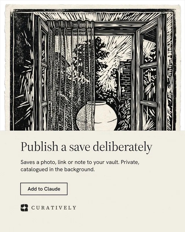 Instagram portrait post for Curatively: "Publish a save deliberately". Editorial style, bottom layout, light palette in yellow, black, grey.