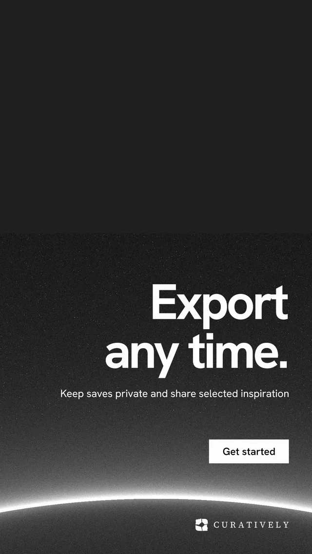 Instagram story for Curatively: "Export any time." Swiss style, right layout, dark palette in black, grey.