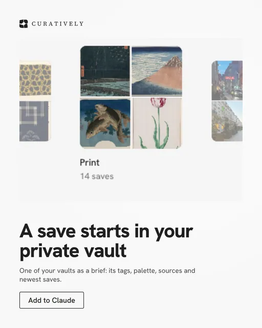 Video for Curatively: "A save starts in your private vault". Doc motion loop, 6.0 s, light palette.