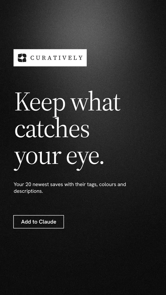 Instagram story for Curatively: "Keep what catches your eye." Dark deco style, announce layout, dark palette in black, grey.