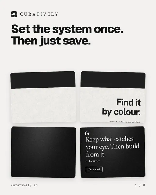 Carousel for Curatively: "Set the system once. Then just save.". Collection carousel, 8 slides, light palette.
