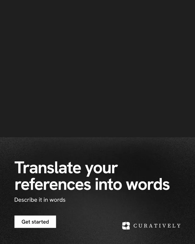 Instagram portrait post for Curatively: "Translate your references into words". Swiss style, bottom layout, dark palette in black, grey.