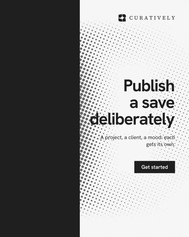 Instagram portrait post for Curatively: "Publish a save deliberately". Swiss style, right layout, light palette in black, white.