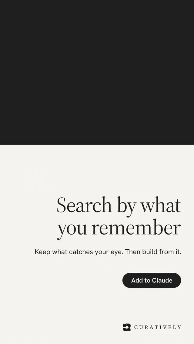 Instagram story for Curatively: "Search by what you remember". Data card style, right layout, light palette in white, black.