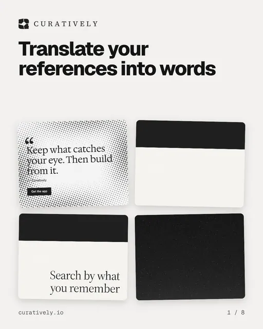 Carousel for Curatively: "Translate your references into words". Collection carousel, 8 slides, light palette.
