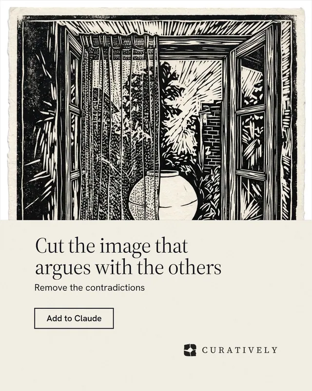Instagram portrait post for Curatively: "Cut the image that argues with the others". Editorial style, bottom layout, light palette in yellow, black, grey.